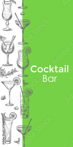 Cocktails hand drawn vector illustration for menu cover, restaurant, pub, cafe. Alcoholic cocktails sketch set in Engraved style. Design template with copy space. Bloody mary, dry martini, caipiroska,