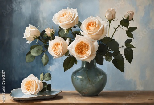 Romantic image: cream roses in a cream porcelain vase on an antique white wooden table under an abstract oil painting on a blue gray background
