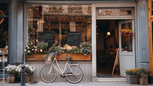 A picturesque street cafe front adorned with vibrant flower boxes and a classic bicycle, creating a welcoming European vibe.