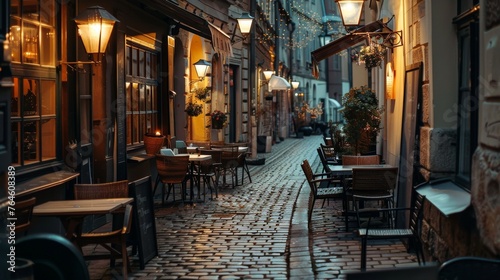 Evening falls on a charming cobblestone alley lined with cafes, the warm glow of street lamps inviting visitors to a serene urban escape.