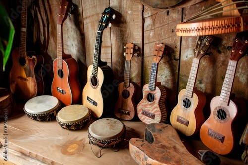 musical instrument corner with small guitars and tambourines unplayed photo