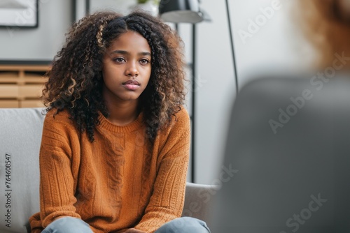 Depressed 15 years old African American teenager girl, sad and unhappy, sitting on a sofa at a psychologist's office consulted by a mental health counselor. Depression and abuse alert. photo