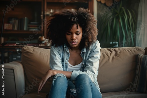 Depressed 15 years old African American teenager girl, sad and unhappy, sitting on a sofa. Depression danger