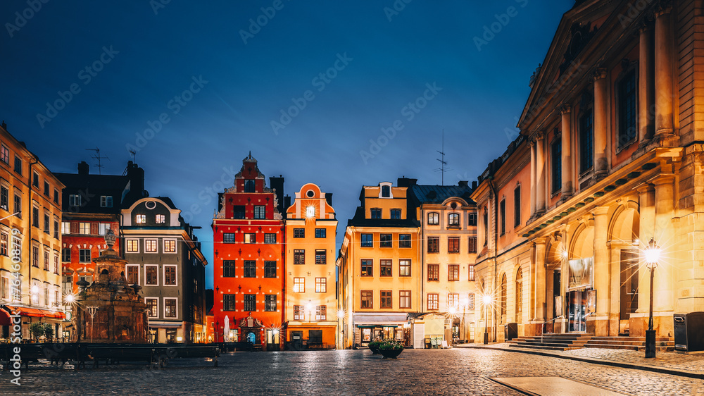 Stockholm, Sweden. Famous Old Colorful Houses, Swedish Academy and Nobel Museum In Old Square Stortorget In Gamla Stan. Famous Landmarks And Popular Place