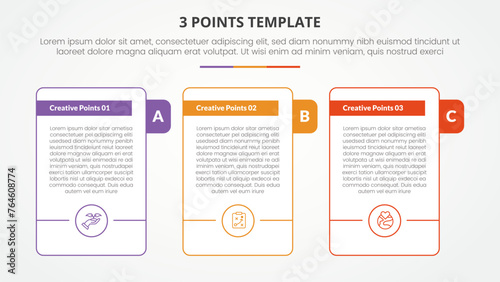 3 points stage template infographic concept for slide presentation with outline box with rectangle badge on side with 3 point list with flat style
