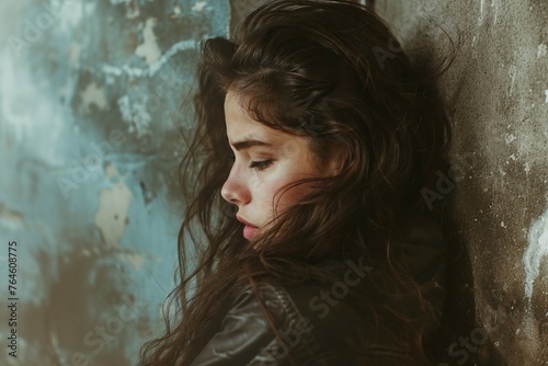 Depressed 15 years old Caucausian teenager girl, sad and unhappy, leaning against a dirty shabby wall. Teenager's depression danger.