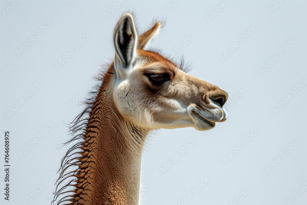Obraz premium closeup of a guanacos profile against a clear sky