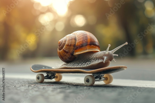 A small snail is riding a skateboard. a playful and whimsical mood. Slow snail skateboard. Speed increase, courier delivery, transportation, efficient fast movement, time saving fast delivery concept