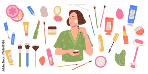 Woman makeup. Beauty cosmetics. Skin moisturizing cream. Lipstick and mascara. Eye care. Foundation and powder. Hand manicure. Nail varnish. Face spa procedure. Vector garish skincare products set