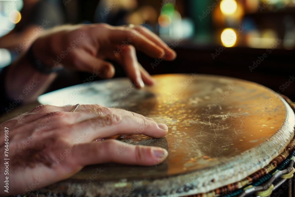 closeup of hands tapping a beat on an irish drum in the pub closeup of hands tapping a beat on an irish drum in the pub
