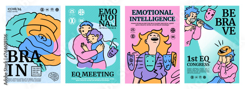 Art emotion. Psychology event poster. Mental health. EQ meeting. Emotional intelligence. Brain maze. Reflection anxiety. Psychological disorder. People stress. Fake mask. Vector banners design set