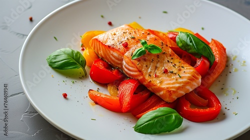 Delicious salmon filet and red bell pepper vegetables on a white plate