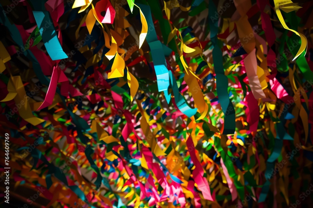 ceiling covered with multicolored paper garlands