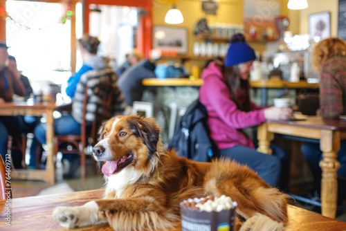 A pet-friendly cafe with furry friends lounging beside their owners, enjoying treats and belly rubs in a welcoming and inclusive atmosphere, Generative A photo