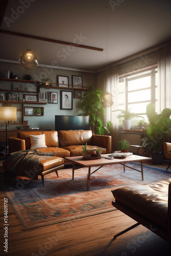Living room interior in modern house in Retro style. © tynza