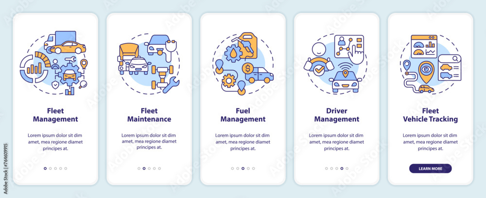 Fleet management onboarding mobile app screen. Vehicle maintenance. Walkthrough 5 steps editable graphic instructions with linear concepts. UI, UX, GUI template. Myriad Pro-Bold, Regular fonts used