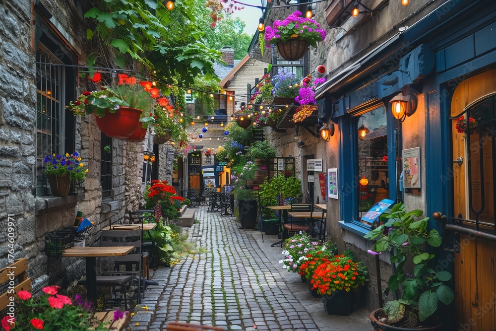 A quaint cafe nestled in a cobblestone alley, with outdoor seating surrounded by colorful flowers and twinkling fairy lights, Generative AI
