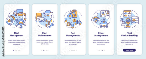 Fleet management onboarding mobile app screen. Vehicle maintenance. Walkthrough 5 steps editable graphic instructions with linear concepts. UI, UX, GUI template. Myriad Pro-Bold, Regular fonts used