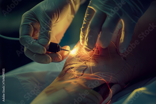 teamwork of surgeons in the operating room, hands in a glove close-up with surgical instruments.Laser Surgery.Ai
 photo
