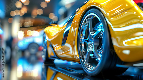 A yellow sports car with a shiny chrome wheel. The car is parked in a showroom with a shiny floor. dream future car