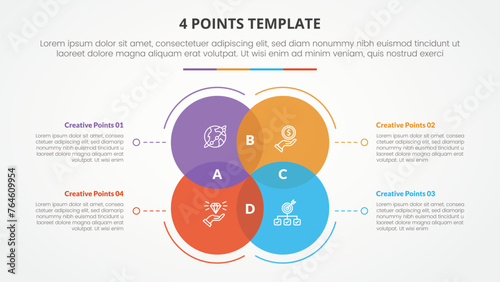 4 points stage list template infographic concept for slide presentation with big circle venn cycle circular arrow with flat style
