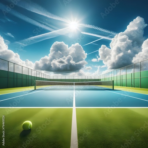 A tennis court with a tennis ball on the ground and a net in the background