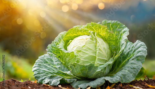 Fresh cabbage on the ground in garden. Organic agriculture. Natural and healthy food. photo