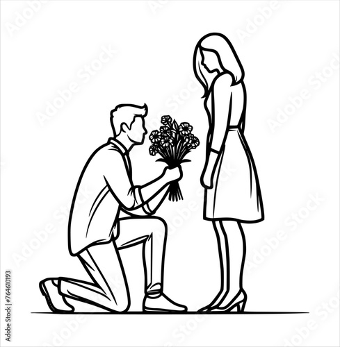 man loves woman silhouette (illustration of a man squatting on his knees giving a bunch of flowers to the woman he loves) - line hand drawing (artwork 1)