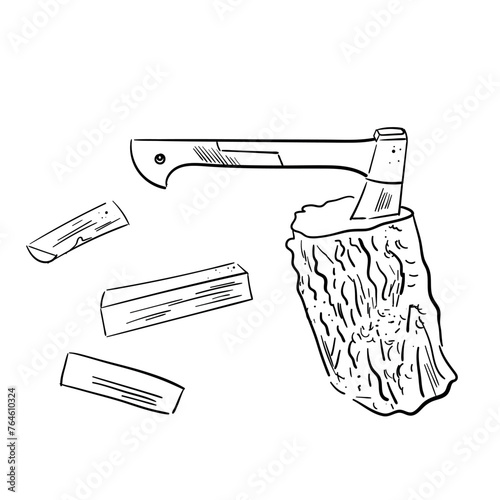 modern axe doodle icon vector. hand drawn sketch. Camping concept, nature relaxing Firewood pieces . holiday, quiet resting