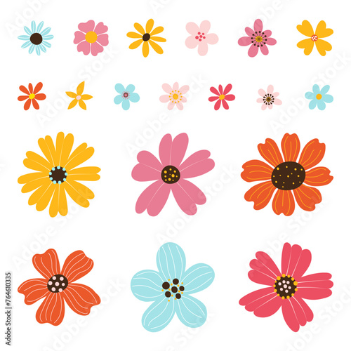 Collection isolated different colorful hand drawn heads of flower in flat vector style.