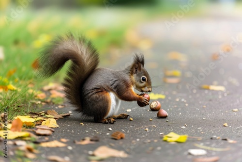 brown squirrel breaking open chestnut on park pathway