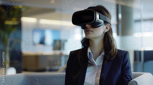 Business woman wearing VR goggles wearing virtual reality goggles in modern coworking office.