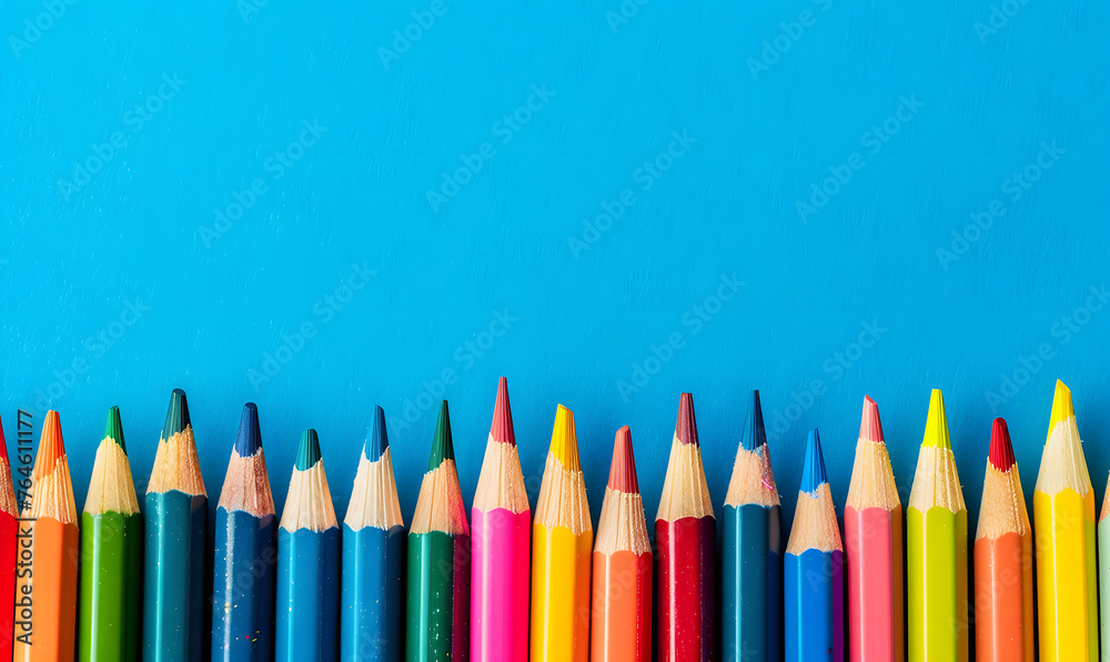 color pencils are lined up as a frame with copy space, Generative AI color pencils are lined up as a frame with copy space, Generative AI