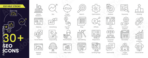 SEO Editable Stroke icon set. Search Engine Optimization icon collection. Containing business and marketing, traffic, ranking, optimization, link and keyword. Editable Outline icons vector collection.