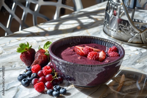 client with acai bowl, fresh berries, steel chairs around photo