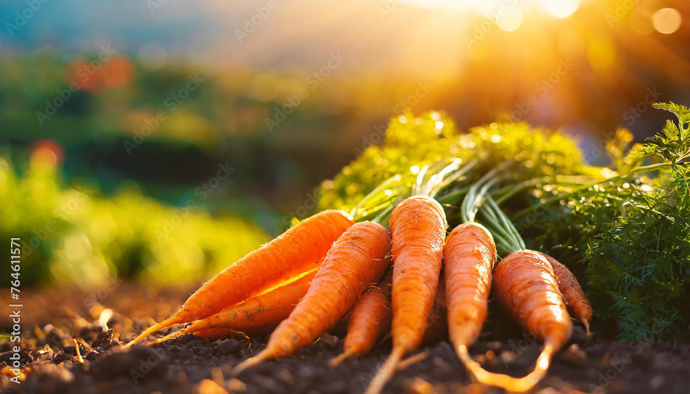 Freshly collected carrots on the ground in garden. Organic agriculture. Natural and healthy food. - obrazy, fototapety, plakaty 