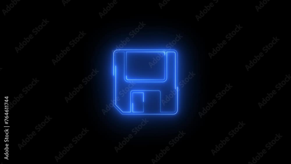 Neon glowing blue floppy disk icon animation in black background Neon glowing blue floppy disk icon animation in black background