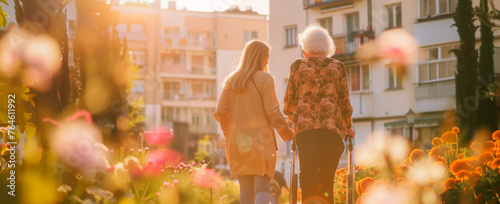 Young woman strolling with elder in spring park, concept of elderly care.