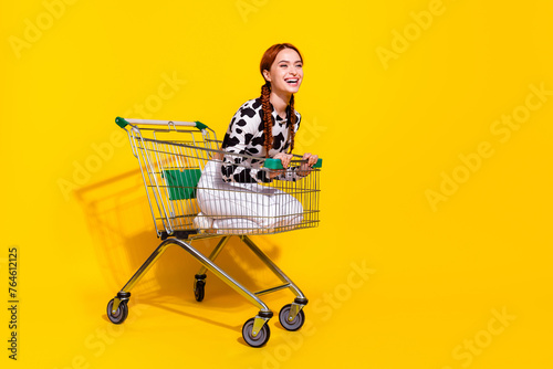 Full size profile photo of excited positive girl sit inside market trolley empty space ad isolated on yellow color background © deagreez