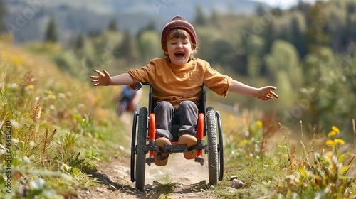 Joyful Disabled Child Racing Down Hill with Energetic Friends in Nature © Bussakon