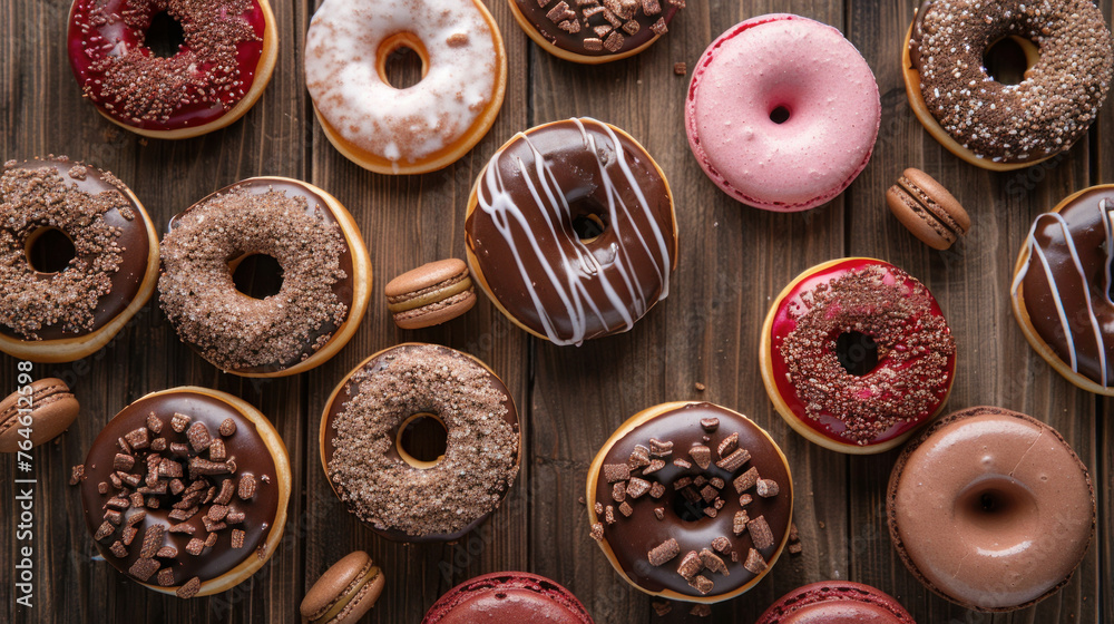 Donuts paired with macarons on a brown wooden table Donuts paired with macarons on a brown wooden table