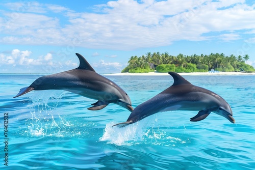 pair of dolphins leaping by a tropical island