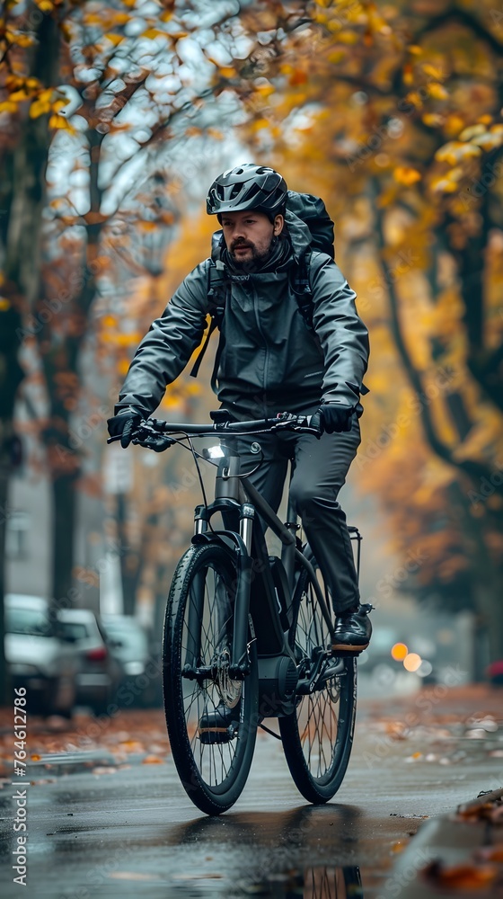 Cyclist Powering Battery Through Dynamo Hub on Rainy Autumn Commute