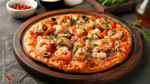 Seafood pizza with sauce on a brown wooden tray