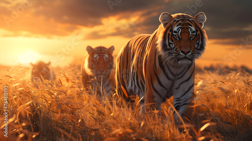 Tiger family in the savanna with setting sun shining. Group of wild animals in nature. © linda_vostrovska