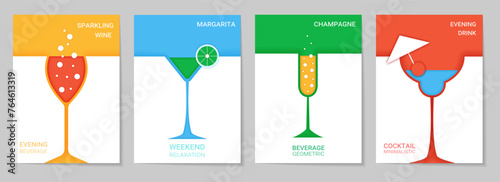Drink summer, cocktail fruit poster. Party abstract invitation, creative food, paper color geometric, margarita and champagne cut design, minimal origami, sparkling wine vector flyer garish background