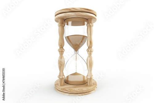 Classic wooden hourglass with flowing sand on a white background with copy space, concept of passing time or deadline