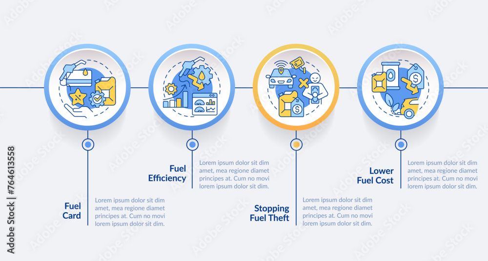 Car fuel management circle infographic template. Consumption monitoring. Data visualization with 4 steps. Editable timeline info chart. Workflow layout with line icons. Lato-Bold, Regular fonts used