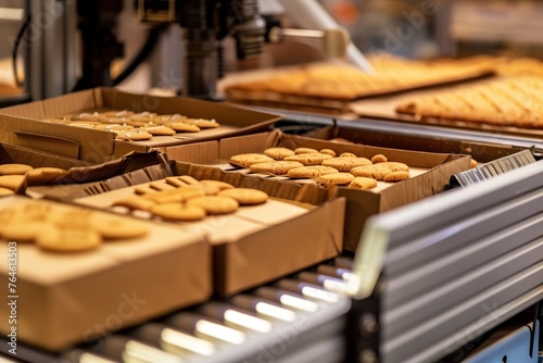 closeup of machinery packaging cookies into boxes