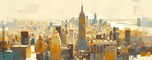 A skyline of the city of New York, painting in oil on canvas with visible brush strokes and color splashes. 